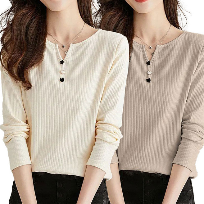 TKX 1+1 여성 가을 간절기 긴팔 티셔츠 단추 장식 브이넥 슬림핏 캐주얼 상의 K37
