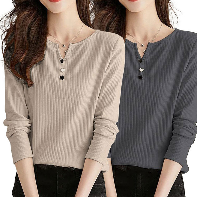 TKX 1+1 여성 가을 간절기 긴팔 티셔츠 단추 장식 브이넥 슬림핏 캐주얼 상의 K37