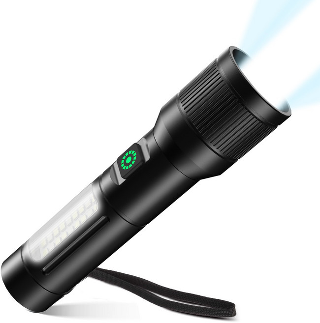 충전식 후레쉬 c타입 초강력 led 손전등 괴물 랜턴 휴대용 줌라이트 +COB 사이드 라이트, 1개, 블랙