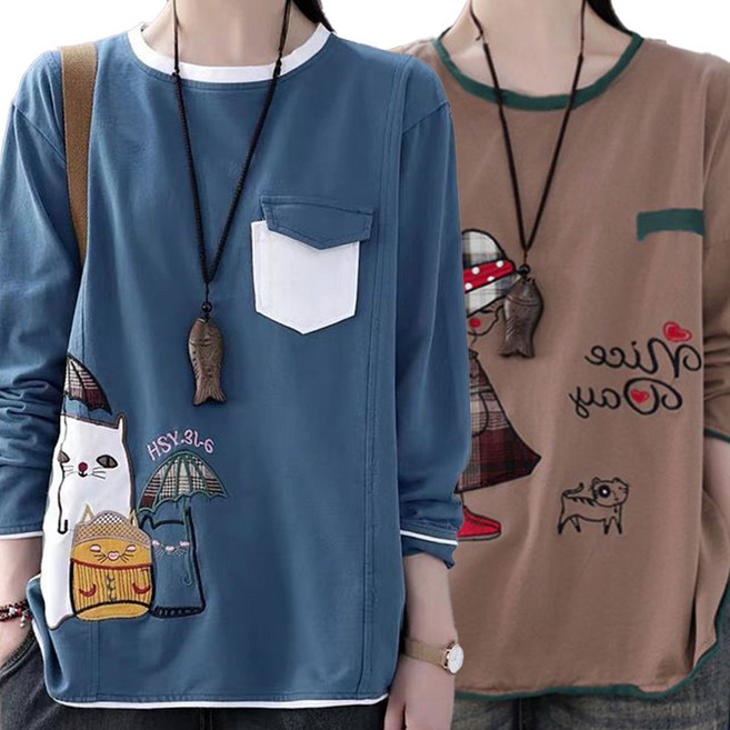 TKX 1+1 여성 순면 긴팔 티셔츠 봄 가을 캐주얼 만화 프린트 포켓 디테일 K37