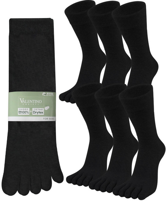 발렌티노크리스티 땀흡수 빠른건조 순면100% + 드라이텍스 남자 발가락양말 6켤레