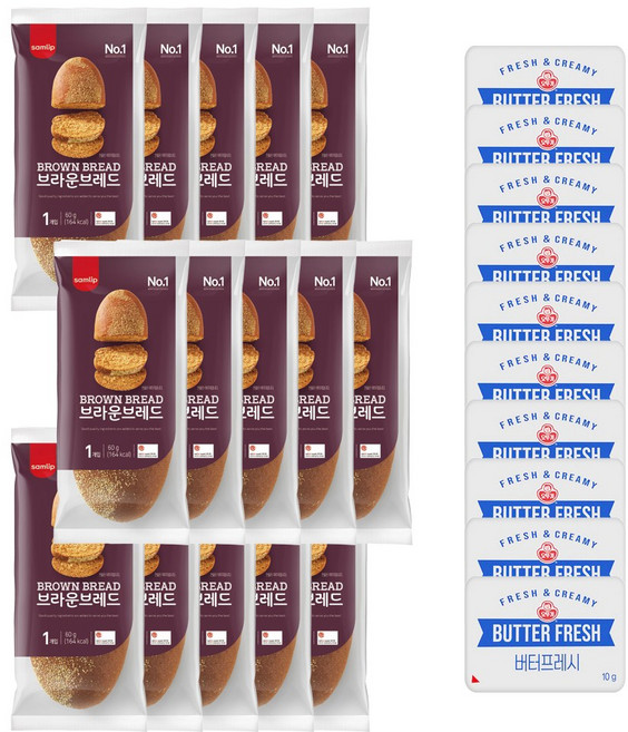 삼립 부시맨빵 브라운브레드 15봉+버터후레시 10개 증정, 60g, 15개