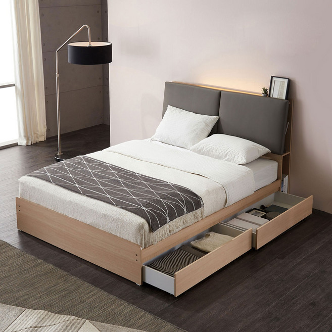 [베드리움]블링 LED 서랍침대 SS-본넬 매트리스, 아이보리