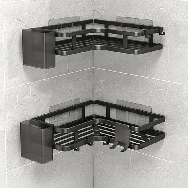 KOEWEI 1+1 무타공 다용도 욕실 화장실 수납 코너형 욕실선반, 1세트, 블랙