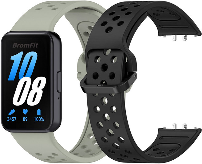[1+1] 브롬핏 삼성 갤럭시 핏3 스트랩 벤티드 스포츠 밴드 통기성 에어홀 쾌적 TPU 땀에 강한 운동 시계줄, 그레이시그린+블랙