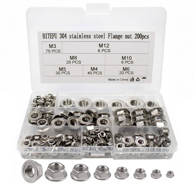 ADNEWX 200개 스테인리스 풀림방지너트 고정너트 플랜지너트 M3 M4 M5 M6 M8 M10 M12볼트, M3 M4 M5 M6 M8 M10 M12