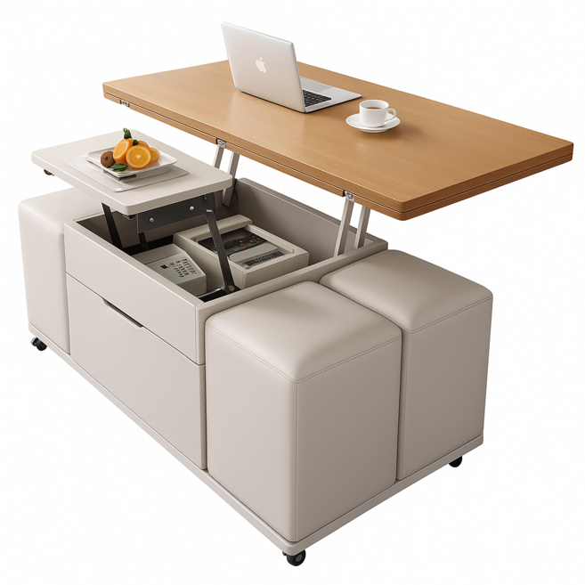 아르앤코 리프트 거실테이블 좌식 쇼파 높이조절 원목 테이블 높이조절식탁 모듈, 1000*의자4개, 네츄럴 원목