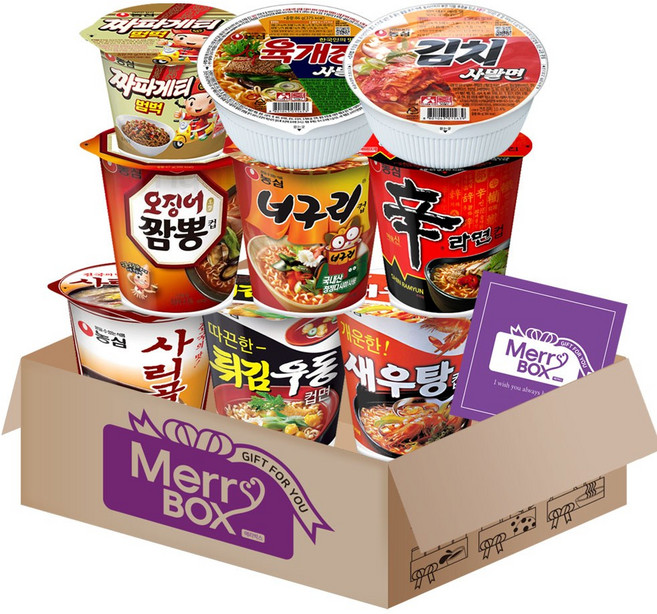 컵라면 세트 1호{신라면+새우탕+튀김우동+짜파게티+사리곰탕+오징어짬뽕+너구리+육개장사발면+김치사발면}+메세지카드, 1박스