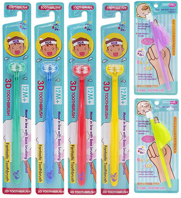 MDB 핑거 칫솔 6개+3D 칫솔 1개 /유아 칫솔/아동 칫솔/3면 칫솔/각도 58도/유아 아기 실리콘 칫솔, MDB 핑거 칫솔 보라 3+연두 3+3D 칫솔 노랑 1