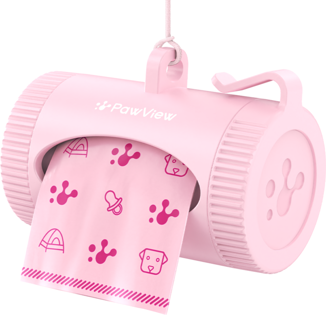 포뷰 반려동물 배변봉투+스마트 디스펜서 세트 회전수납 걸이포함 케이스, 1세트, 15개입, 핑크색