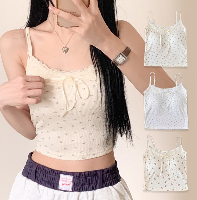 어나더뷰 2540 [1+1+1] 캡내장 잔꽃 레이스 리본 골지 캡나시 3장 브라탑 브라렛 레이어드 노와이어 민소매 끈나시 여름 이너