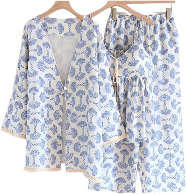 플랜메이 오리엔탈 블루 요루면 테슬 로브 세트 파자마 리조트룩 산후조리원 잠옷 3pcs