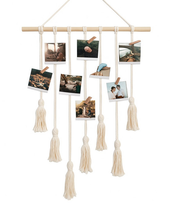 피카우스 못없이 노끈 벽 사진걸이 폴라로이드 우드 포토행거 나무집게 세트