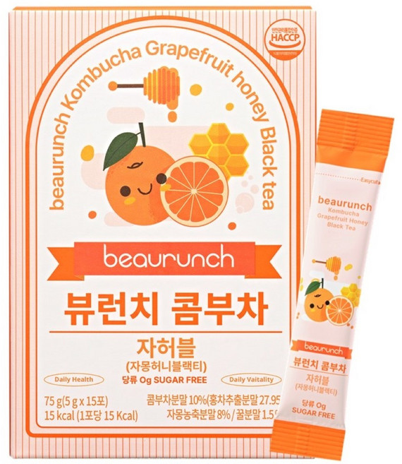 NEW 디자인 뷰런치 콤부차 자허블맛 / 당류 제로 / 15kcal / 제로탄산 / 다이어트 / 유산균, 1박스, 5g, 15개입