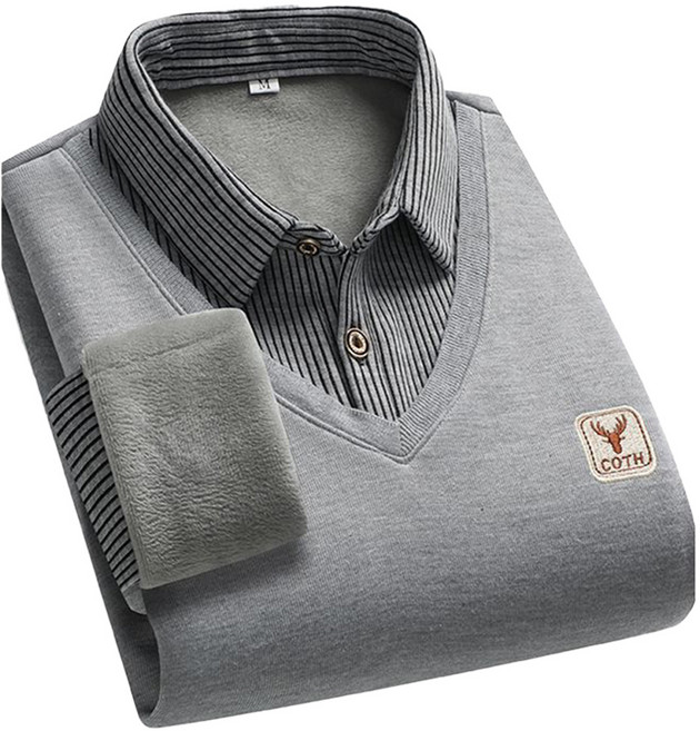 SELEAD 가을겨울 남성 캐주얼 니트 기모 셔츠넥 스트라이프 톱 중년 남성 니트 기모 가짜투피스 니트 스웨터 아버지 카라넥 레이어드 기모 니트 티셔츠