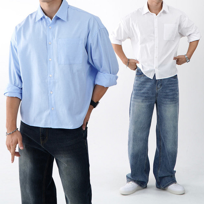 1+1 남자크롭셔츠 남자소라색셔츠 옥스포드