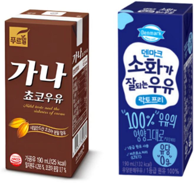 [혼합구성] 푸르밀 가나 초코우유12 + 덴마크 소화잘되는 락토프리 멸균우유12 간식 우유세트, 24팩, 190ml