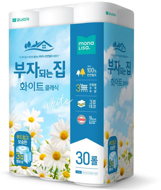 모나리자 부자되는집 화이트 플러스 3겹데코 천연펄프 20m 30롤 1팩(30롤), 2000cm, 30개입, 1개