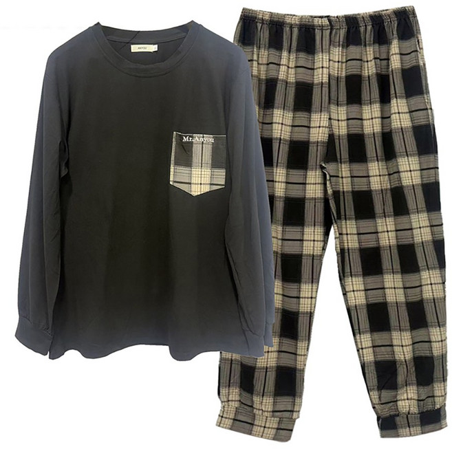 ANYOU 남성 봄 가을 겨울 격자 파자마 수면잠옷 상하세트 홈웨어