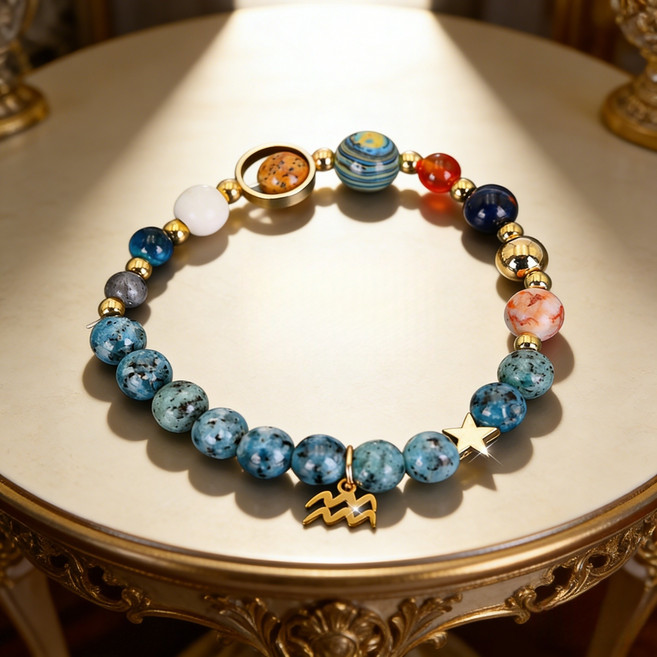 1개의 우주 갤럭시 8개 행성 여성용 12 별자리 팔찌 블루 퀸 시리즈 천연석 팔찌 천칭자리 처녀자리 궁수자리 보석 조디악 펜던트 팔찌 발렌타인데이 보석 커플 선물