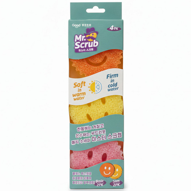 미스터스크럽 스마일 수세미 4개 얼룩제거 스펀지 만능 수세미, 1세트