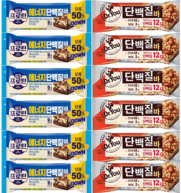 닥터유 단백질바 + 이지프로틴 에너지 단백질바 6개씩 단백질 간식 다이어트바 프로틴, 1세트, 540g