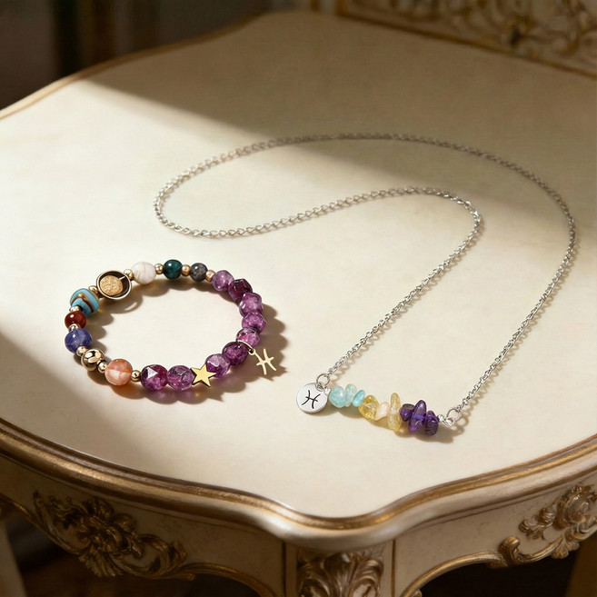 8개의 행성과 12개의 별자리가 있는 2피스 목걸이 펜던트 + 구슬 커플 팔찌 - 완벽한 선물