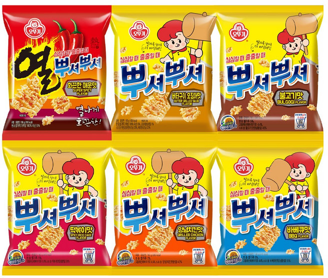 오뚜기 뿌셔뿌셔 6종 4개씩(매운맛+버터오징어+불고기+바비큐+양념치킨+떡볶이), 90g, 24개