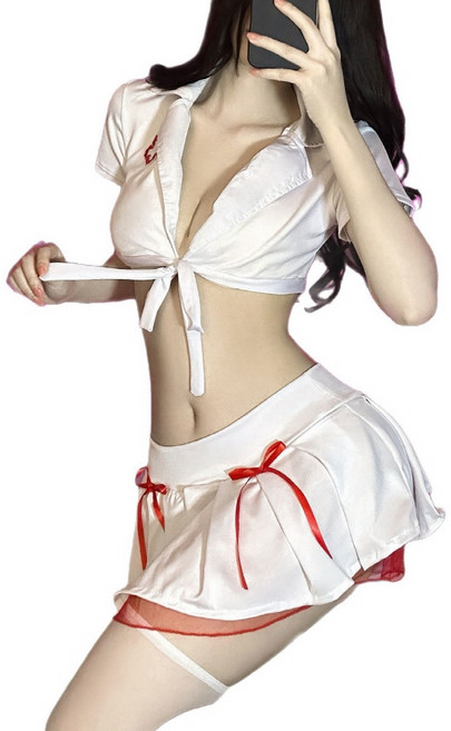 섹시 간호사 유니폼 크롭탑 잠옷 커플 반팔 슬립 원사이즈 국내