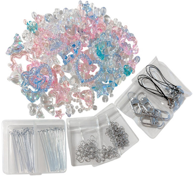 루나베리 비즈 키링 DIY 키트 세트 3컬러 투명 비즈 부자재 T핀 9핀 핸드폰줄 연장고리 포함, 1세트, 3색 투명 비즈 키트