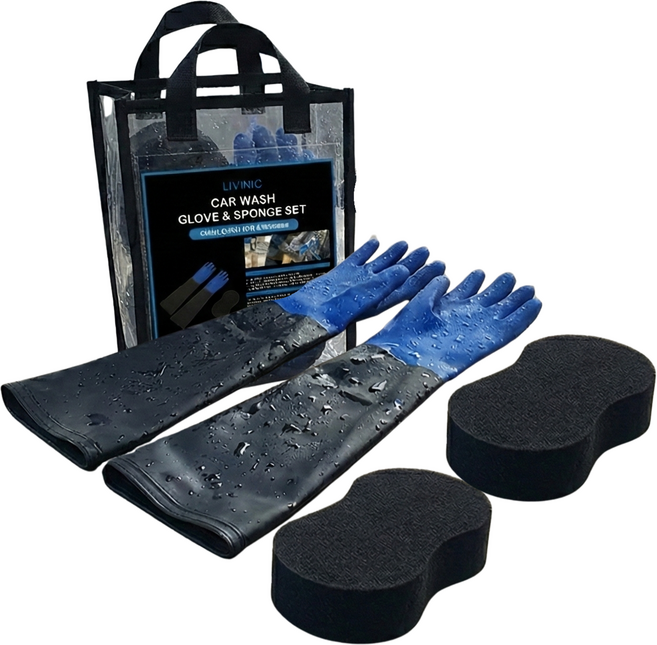 리비닉 차량용 긴 기모 셀프 세차장갑 + 스펀지 2P + 보관백, 1세트