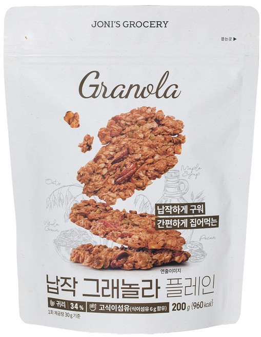 [납작플레인] 조니스그로서리 납작 저당 그래놀라 플레인 무가당 저가당 쿠키 간식 무설탕 통곡물 그레놀라, 200g, 4개