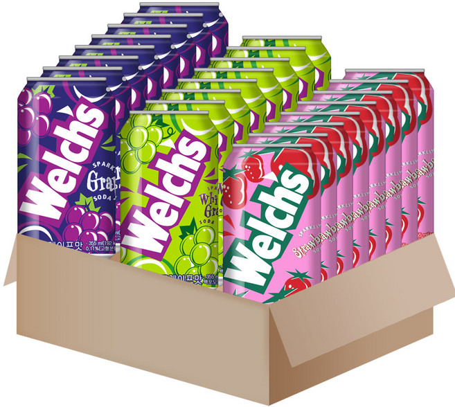 [메리박스] 농심 웰치스 3종 믹스세트 355ml x 24캔 포도 청포도 딸기, 24개