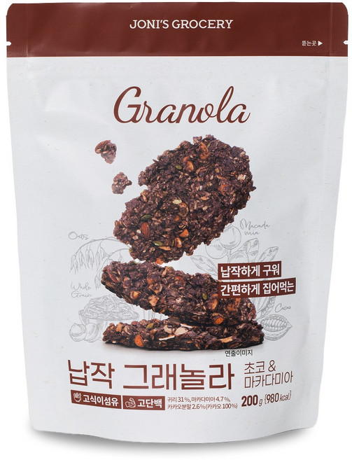 [납작초코] 조니스그로서리 납작 저당 그래놀라 초코 무가당 저가당 쿠키 간식 무설탕 통곡물 그레놀라, 1개, 200g