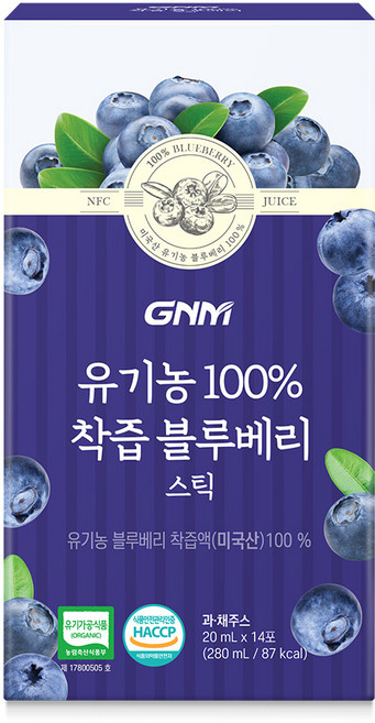 GNM 유기농 100% 착즙 블루베리 스틱, 1개, 280ml