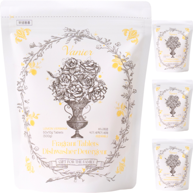 바니에르 에코서트 올인원 식기세척기 타블렛 세제 레몬버베나향 50개입, 4개, 500g