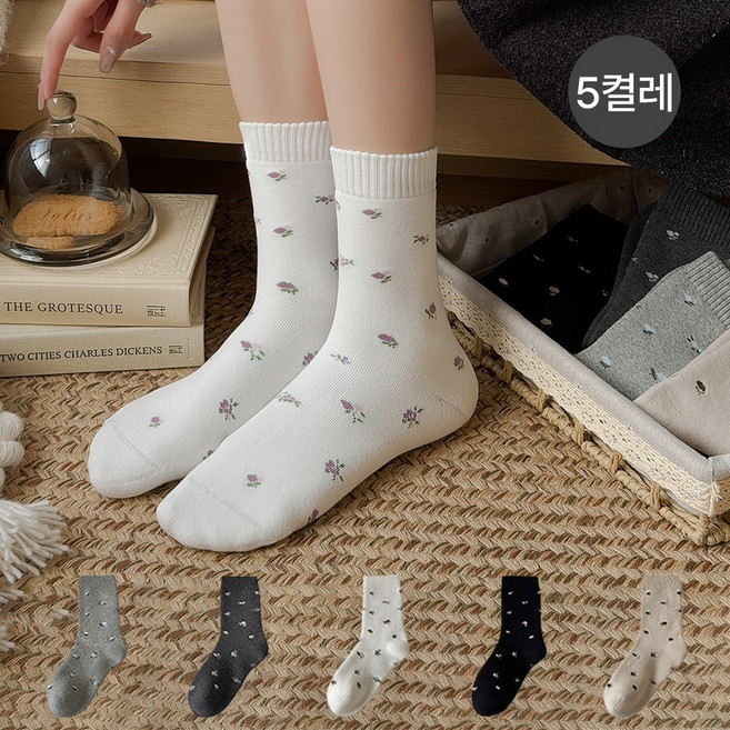 MJLP 여성 잔꽃 자수 봄여름 양말 중목 양말 장목 양말 중목 양말 흰양말 운동 면 양말 5족 세트