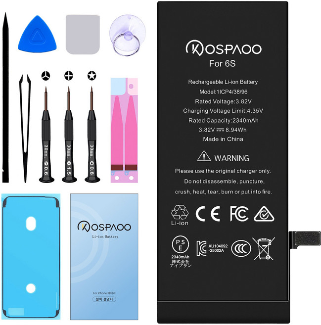 For iPhone 6S 배터리 대용량2340mAh 증가 폭36.4% 616-00033배터리 한국어 설명서 KC인증 Li-ion Battery (For Tool), 1개, iPhone 6S 대용량 배터리，분해 도구 포함