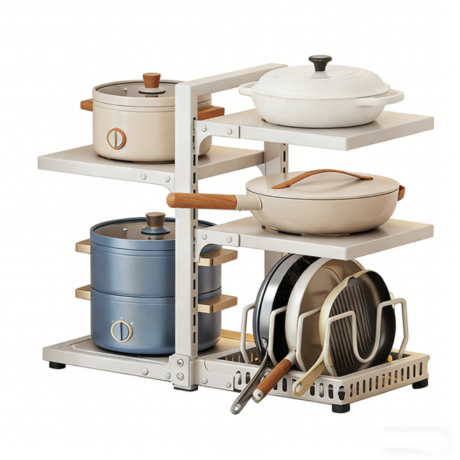 MR.LEE 엄선 5단/7단 조절 가능 후라이팬 정리대 걸이 냄비 선반 수납 높이 조절, 1개, 화이트