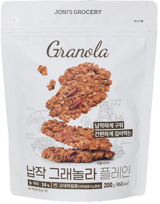 [납작플레인] 조니스그로서리 납작 저당 그래놀라 플레인 무가당 저가당 쿠키 간식 무설탕 통곡물 그레놀라, 200g, 3개