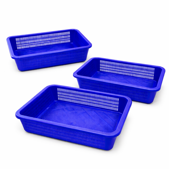 나코 플라스틱 소쿠리 사각 채반 낮은 깊은 얕은 바구니 수납 광주리, 3개, 파란색