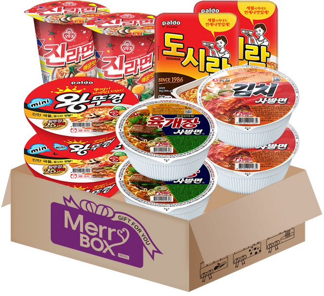 소컵라면 10개 2호(육개장사발면2+김치사발면2+미니왕뚜껑2+팔도도시락2+김치도시락2)+메세지카드, 1박스
