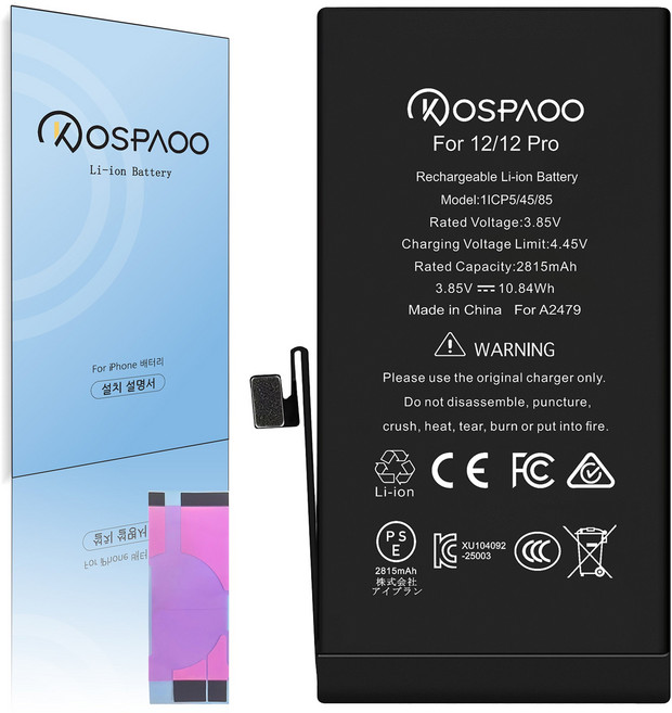 For iPhone 12/12 Pro 배터리 표준용량2815mAh A2479배터리 교체 동영상 한국어 설명서 KC인증 Li-ion Battery (No Tool), 1개, iPhone 12/12 Pro 배터리，분해 도구 없음