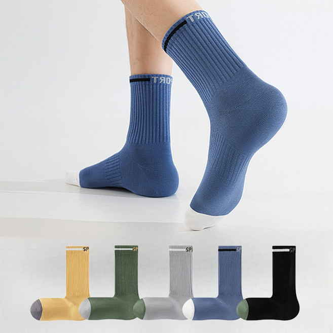 MJLP 남성 스트라이프 봄여름 양말 중목 양말 장목 양말 중목 양말 운동 압박 흰양말 면 양말 5족 세트