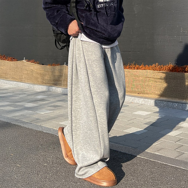 [1+1/두장묶음](기모/쭈리) 남녀공용 옆트임 사이드 핀턱 커브드 숏기장 롱기장 벌룬 와이드 트레이닝 팬츠 3color 6358