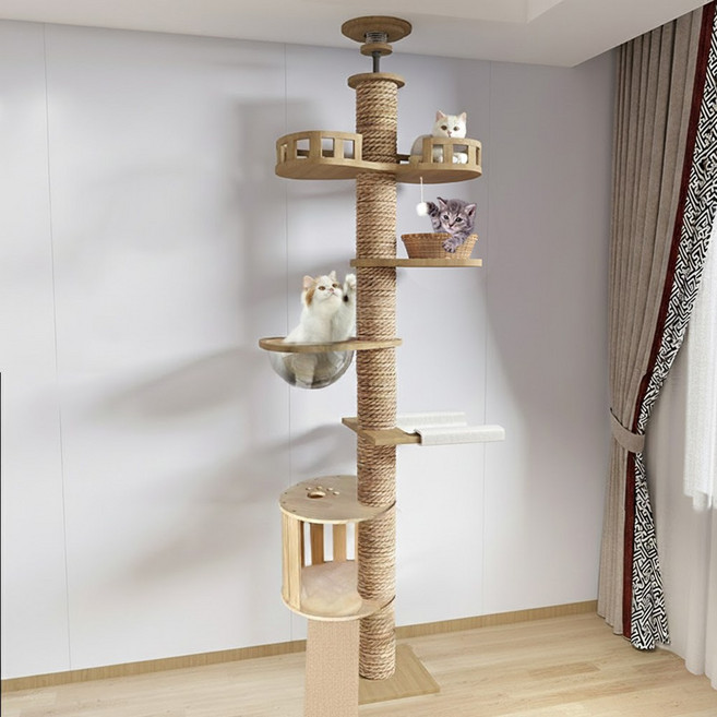포조이 캣폴 튼튼한 다기능 고양이 캣타워 원목 대형 멀티 클라이밍 놀이터 링트리 등반 프레임 + 스크래쳐 + 고양이장난감, 1개, 나무색-A