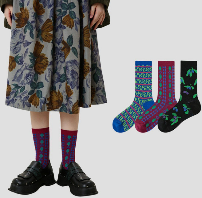 Hello Weekend 여성 양말 복고 봄여름 양말 중목 양말 장목 양말 배색 중목 양말 통기성 두꺼운 보온 수면 양말 수면 패션 면 양말 방한용품 3족 세트