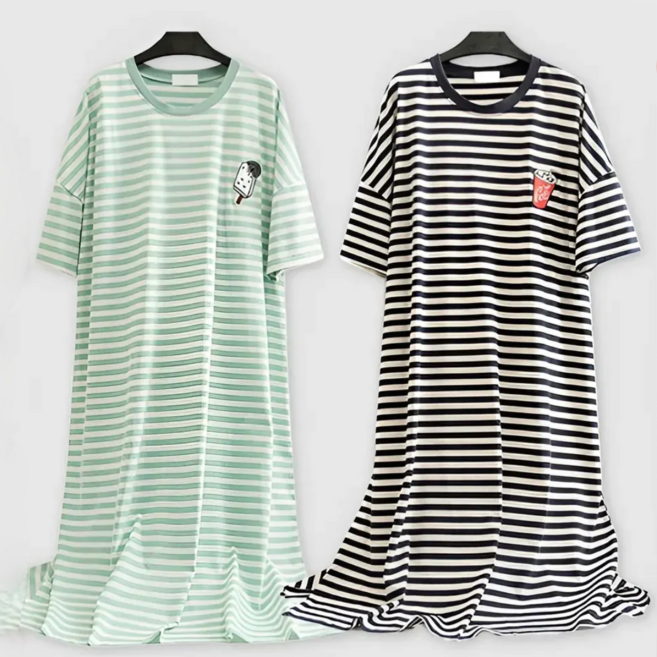 1+1(2세트) 빅사이즈 5부 원피스 스트라이프 오버핏 여성 잠옷 홈웨어 수면 엘리마켓