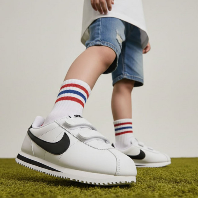 나이키 초등학생 운동화 코르테즈 벨크로 흰검 주니어 키즈 정품 찍찍이 패션화 신발클리너