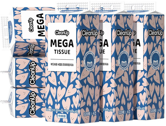 메가티슈 걸어놓고 뽑아쓰는 도톰한 4겹 먼지없는 벽걸이형 티슈, 6개, 320매
